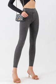 Dark gray denim-effect leggings with a high waist and slim fit.