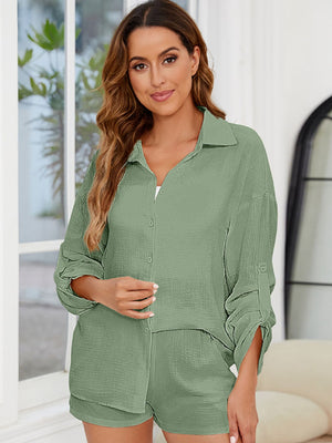 Textured cotton co-ord set in Matcha Green, featuring a relaxed button-up shirt with rolled sleeves and matching shorts.