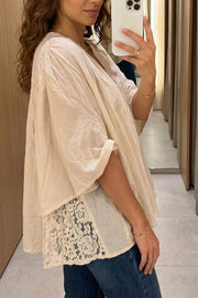 Sheer Lace Splicing Detail Loose Shirt in Beige, back view
