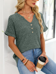 Army green ribbed knit short sleeve t-shirt with decorative buttons and a V-neck.