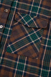 Plaid snap jacket in caramel with chest pocket and button detail.