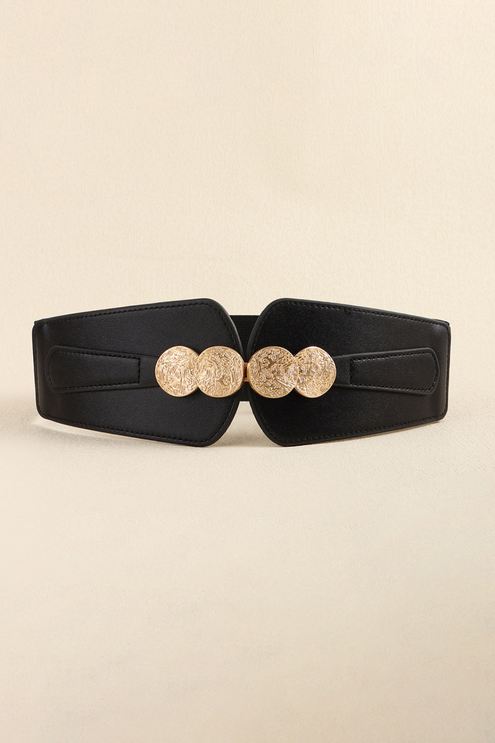 Black elastic belt with embossed gold coin clasp detail
