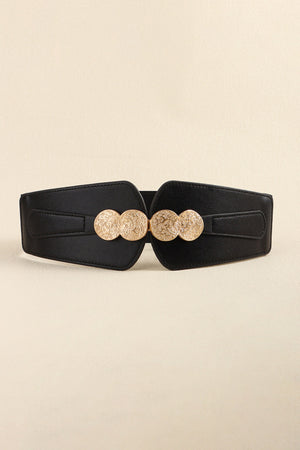 Black elastic belt with embossed gold coin clasp detail