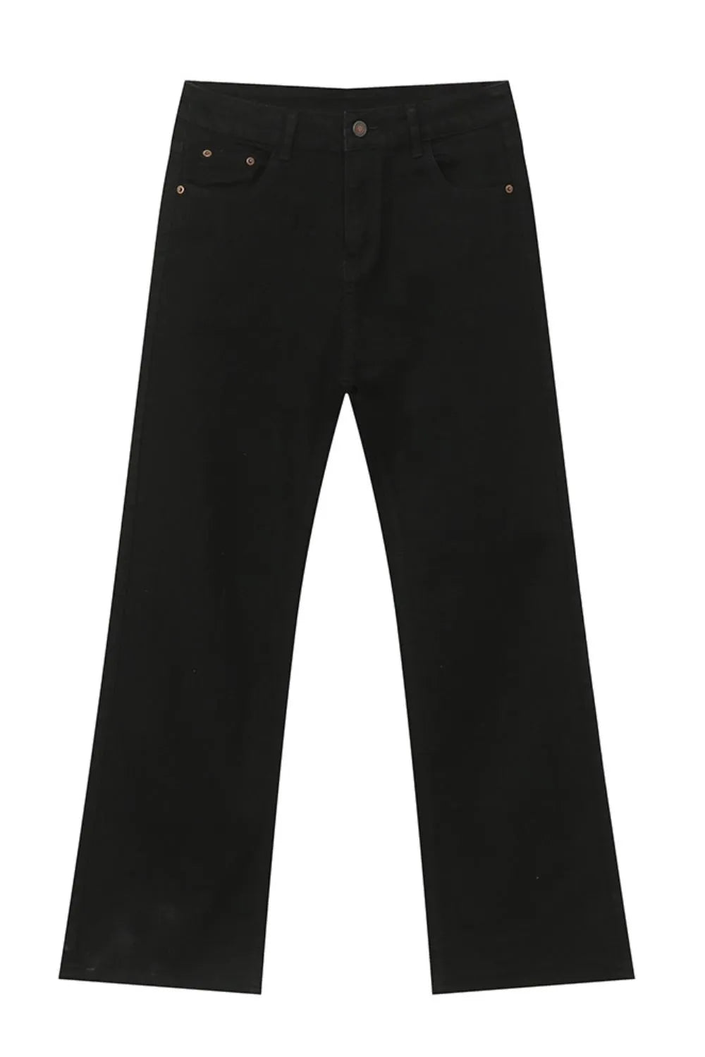 Black mid-rise tailored trousers with a flared leg and classic five-pocket styling.