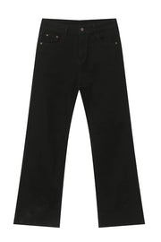 Black mid-rise tailored trousers with a flared leg and classic five-pocket styling.