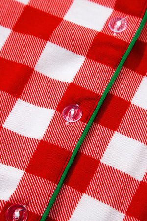 Red and white gingham pajama set with green trim and clear buttons.