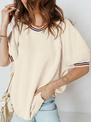 Beige cotton tunic top with striped neckline and sleeve cuffs, casual athletic style