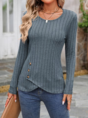 Gray ribbed long sleeve top with round neck and button detail