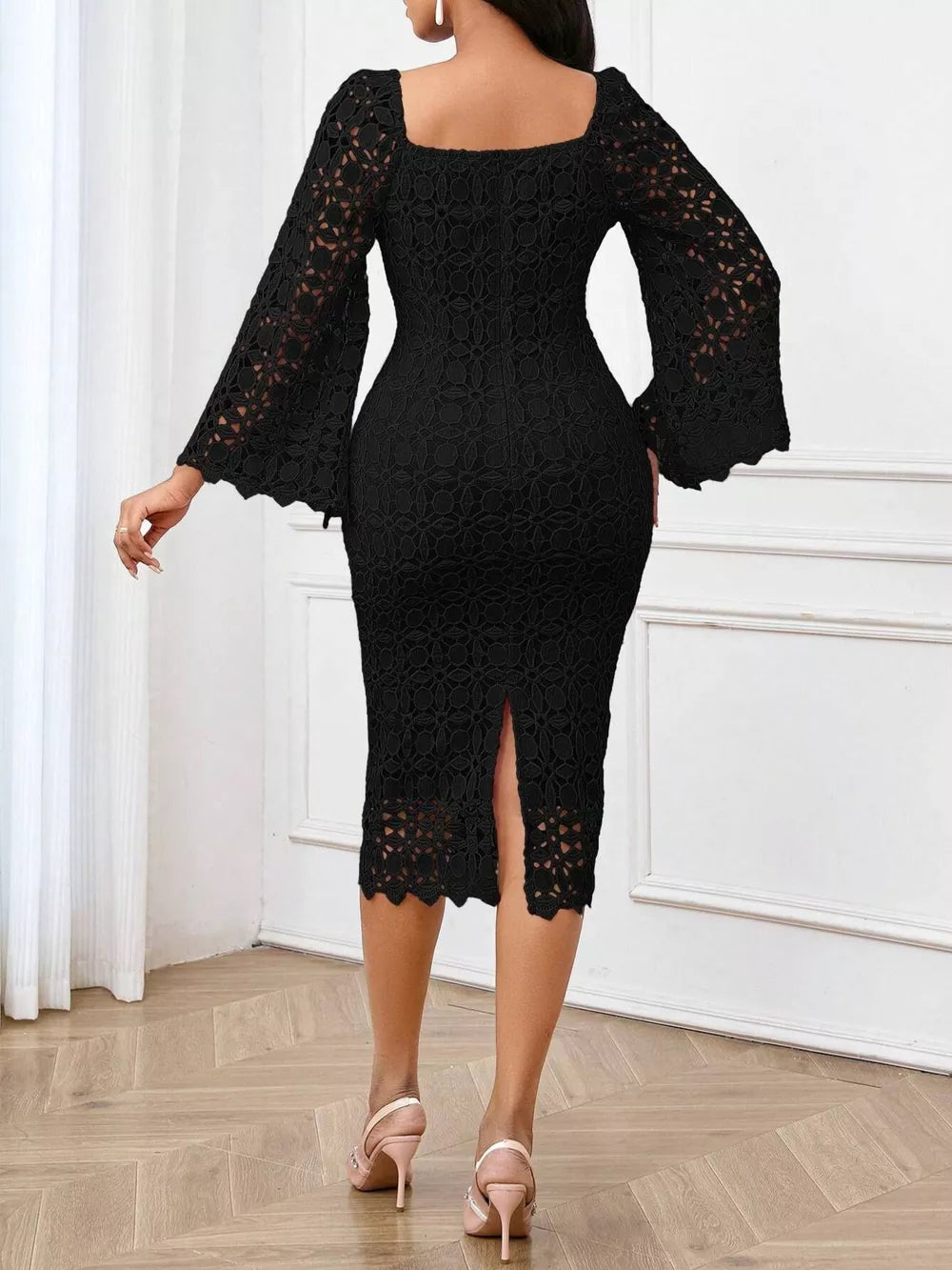 Black lace midi dress with sheer bell sleeves and a square neckline.