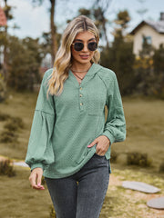 Textured knit henley in Gum Leaf with balloon sleeves and buttoned neckline.
