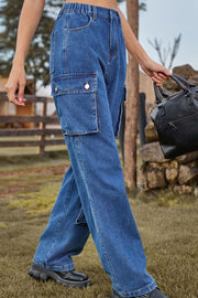 Relaxed wide leg denim cargo pants in medium blue with utility pockets.