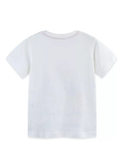 White cotton toddler t-shirt with a faint sailboat print and a pink stitched neckline.