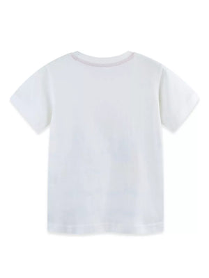 White cotton toddler t-shirt with a faint sailboat print and a pink stitched neckline.