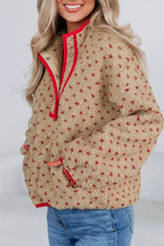 Heart Pattern Fleece Colorblock Collar Sweatshirt in Camel, side view