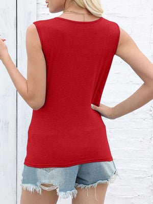 Scarlet knit tank top with a round neckline and slit detail.