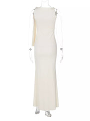 Apricot asymmetrical draped maxi dress with a single sleeve detail.