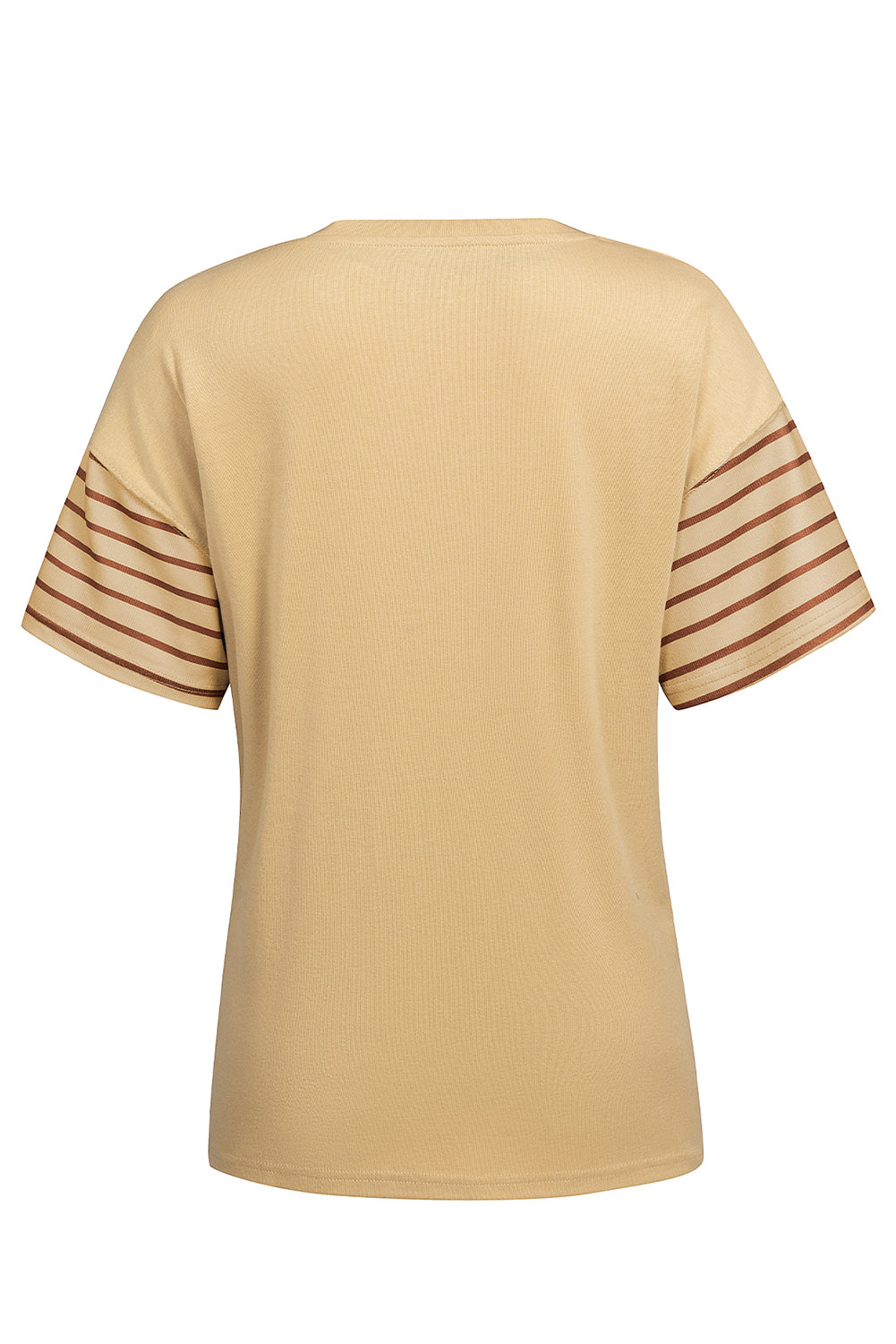 Tan colorblock raglan tee with striped sleeves and side slits.