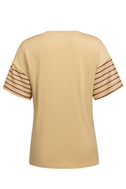 Tan colorblock raglan tee with striped sleeves and side slits.