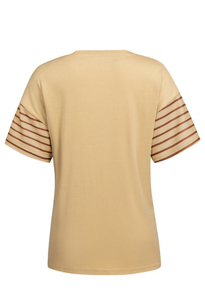 Tan colorblock raglan tee with striped sleeves and side slits.