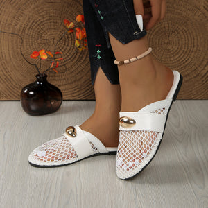 White mesh round-toe flat sandals with gold buckle detail