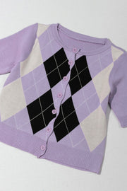 Lavender argyle knit cropped cardigan with button front and short sleeves