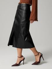 Black faux leather midi skirt with cargo pockets and side slit