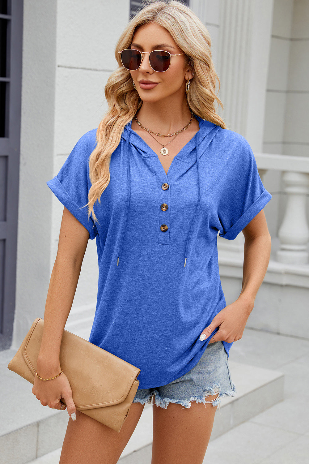 Blue Henley hooded tee with rolled sleeves and button detail
