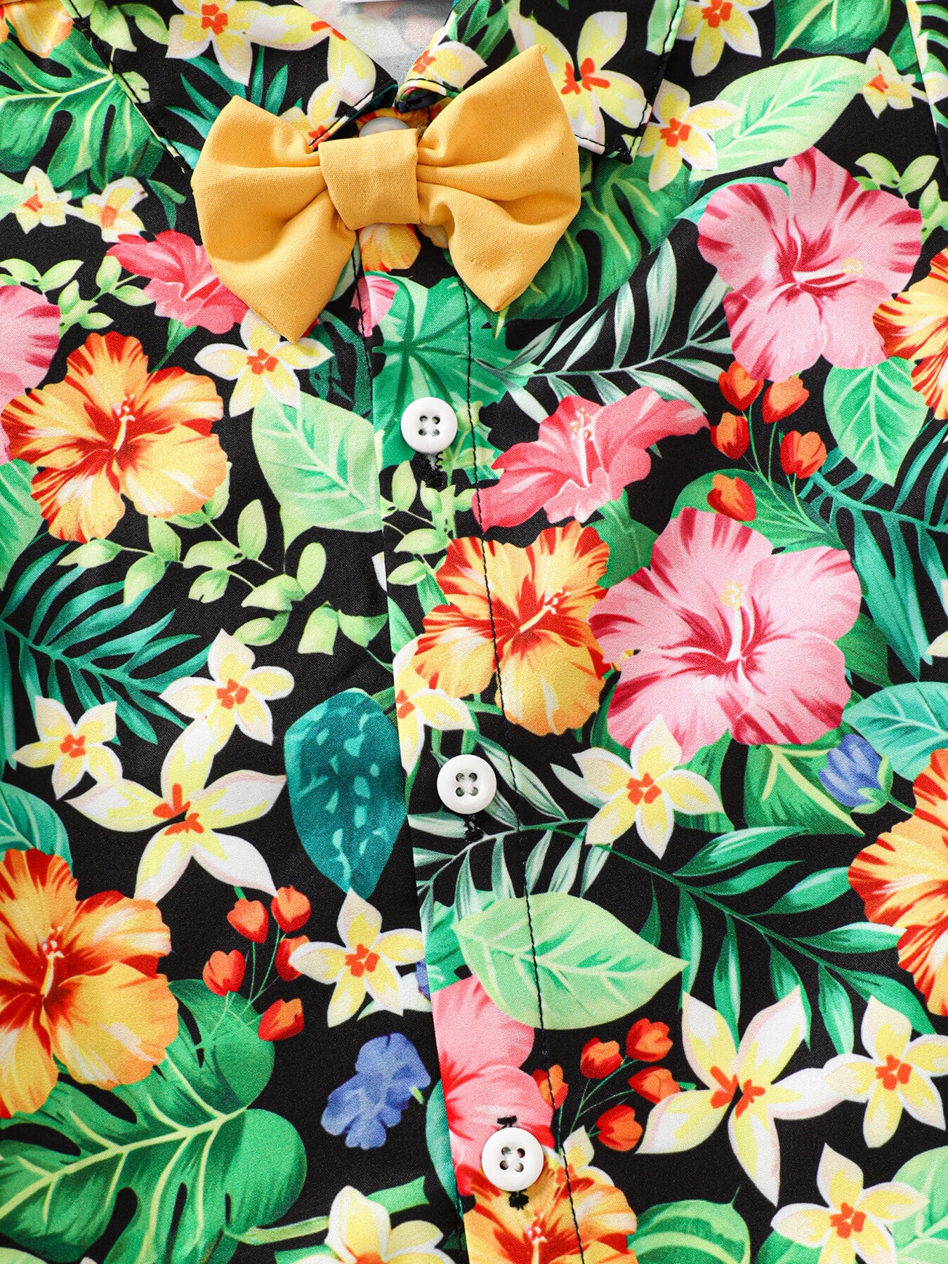 Baby boys' tropical print shirt with yellow bow tie and white buttons