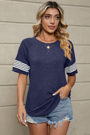 Navy blue raglan sleeve tee with white varsity stripes on sleeves and X-stitch detail