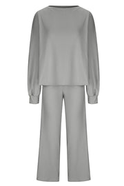 Light gray loungewear set with balloon sleeves and wide-leg pants
