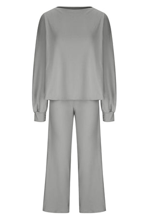 Light gray loungewear set with balloon sleeves and wide-leg pants