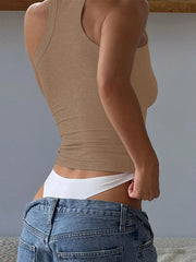 Ribbed square neck tank top in Khaki, showing textured fabric detail.