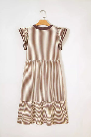 Striped plus size midi dress with tiered skirt and flutter sleeves