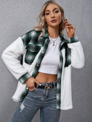 Green plaid shearling hybrid shacket with white fuzzy sleeves and collared neckline.