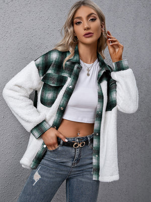Green plaid shearling hybrid shacket with white fuzzy sleeves and collared neckline.