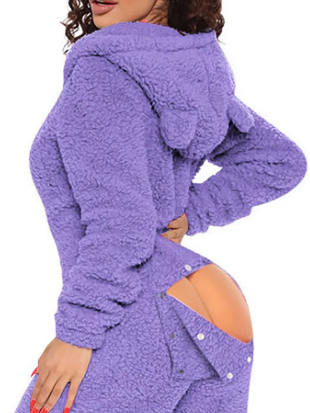 Purple fleece hooded romper with buttoned open back and bear ears.