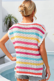 Sleeveless crochet tank top with rainbow stripes and open knit detail.