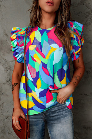 Multicolor abstract print blouse with ruffle butterfly sleeves and a round neckline.