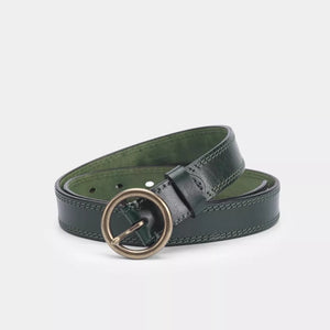 Green leather belt with antique brass round buckle and contrast stitching