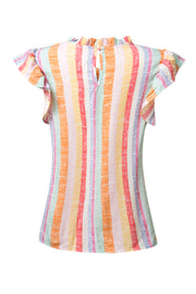 Rainbow stripe blouse with flutter sleeves and ruffled neckline.