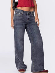 Wide-leg jeans in dusty blue denim with a subtle flare and buttoned closure.