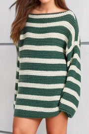 Green and cream striped boat neck knit sweater with crochet texture.