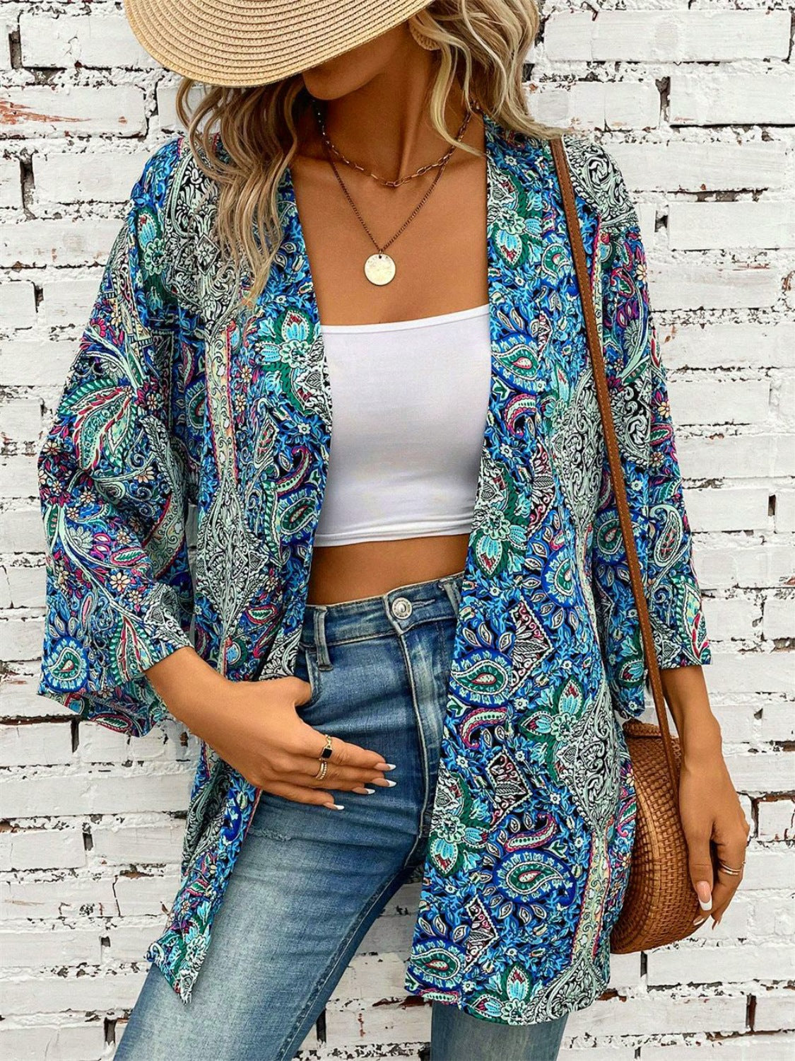 Paisley print kimono sleeve duster in teal with open front and 3/4 sleeves.