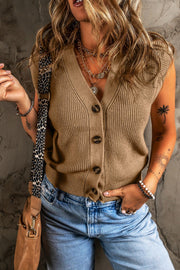 Camel ribbed button-down cardigan vest with V-neck and short sleeves.