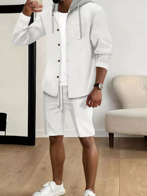 Men's Casual Hooded Button-up Shirt And Shorts Set, close-up detail