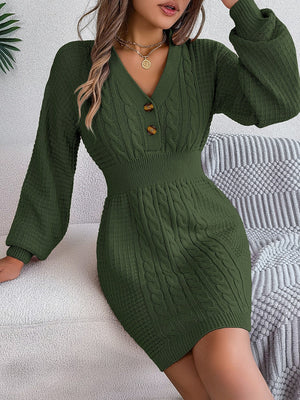 Army green cable knit button-front dress with V-neck and long sleeves.