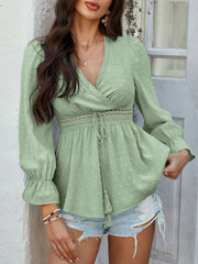 Gum Leaf Swiss dot wrap blouse with lace trim and tassel tie