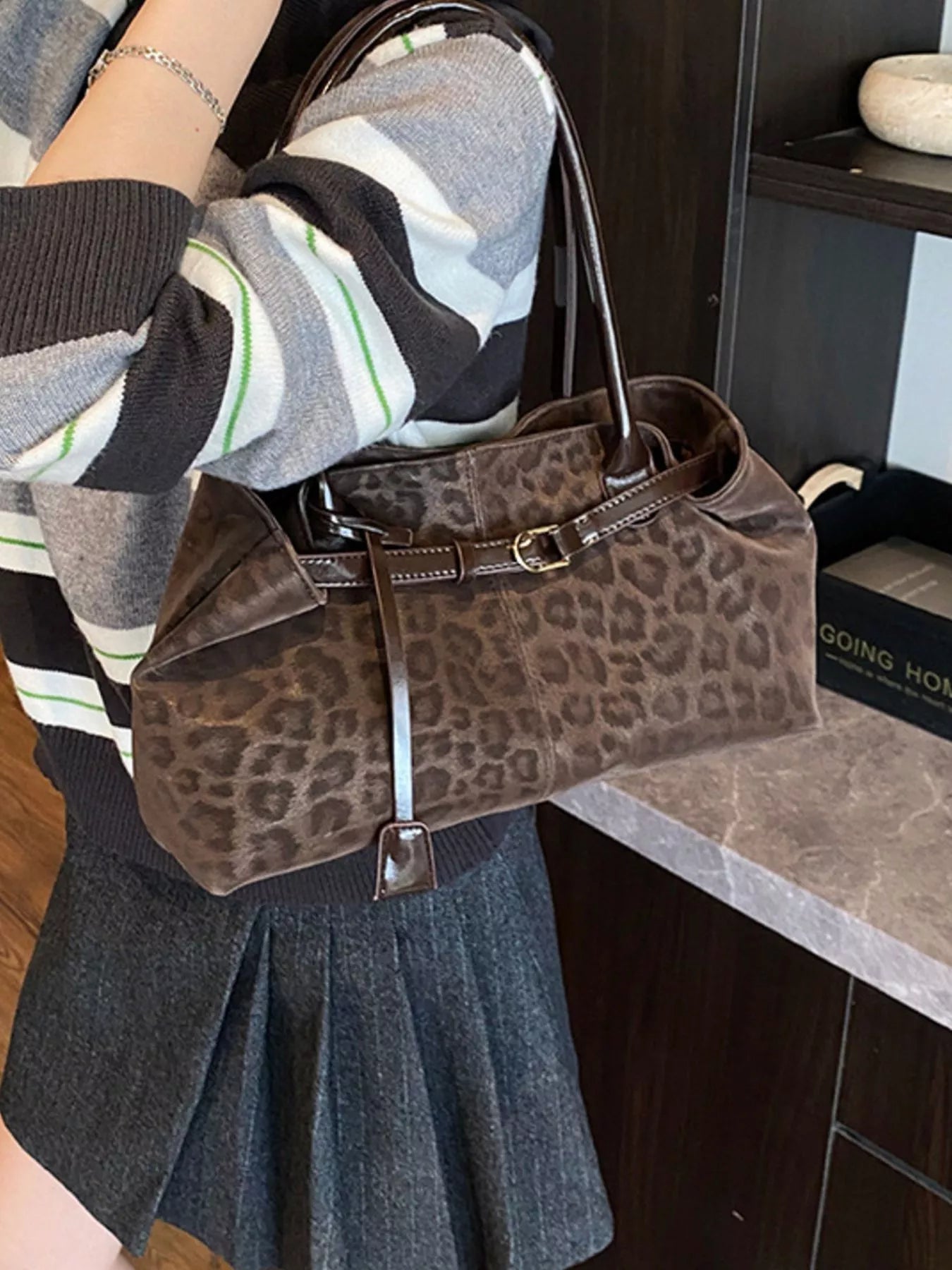 Brown leopard print PU leather shoulder bag with buckle detail and strap