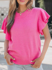 Pink knit top with ruffled short sleeves and crew neck.