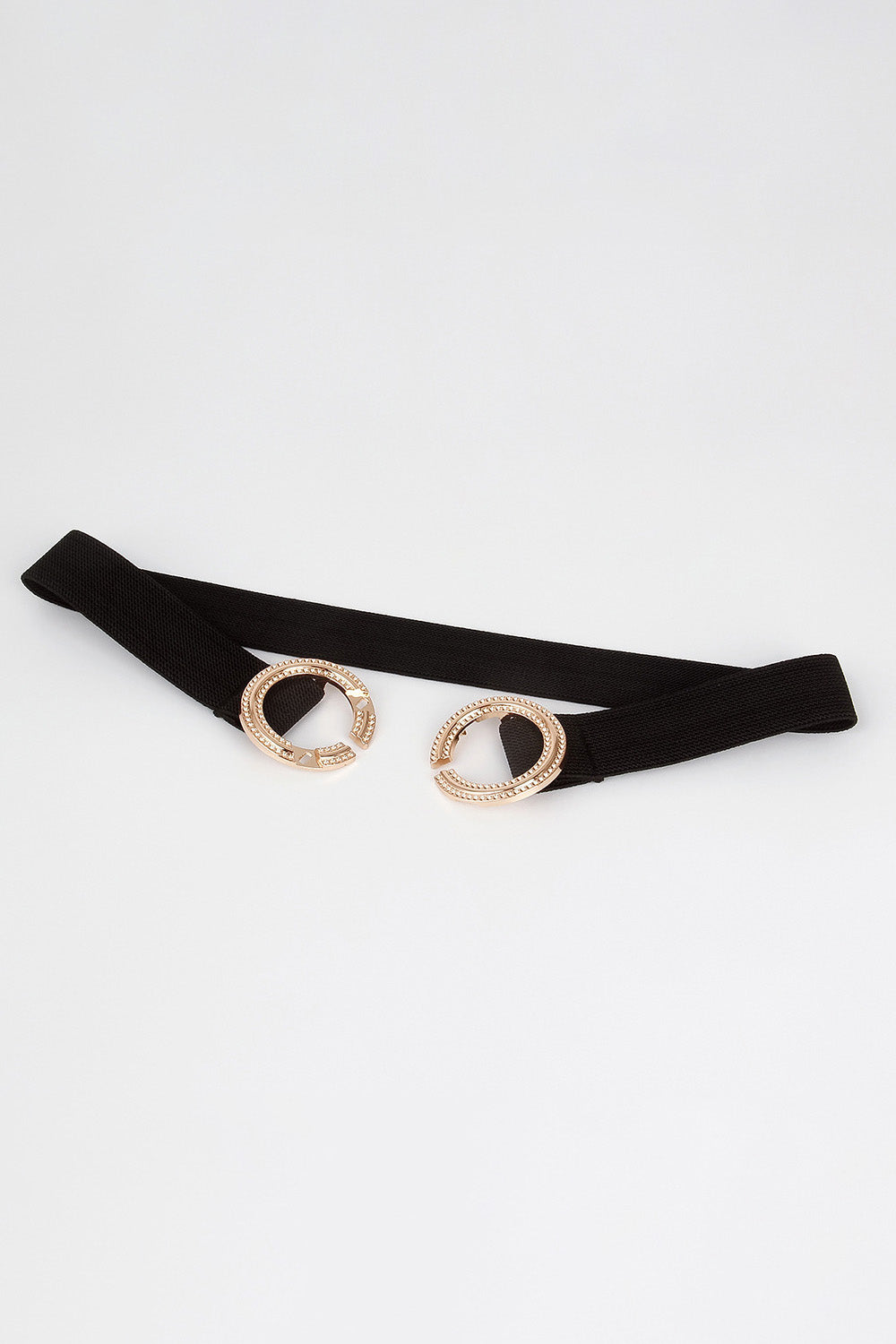 Black stretch belt with double embellished gold-tone hoop details